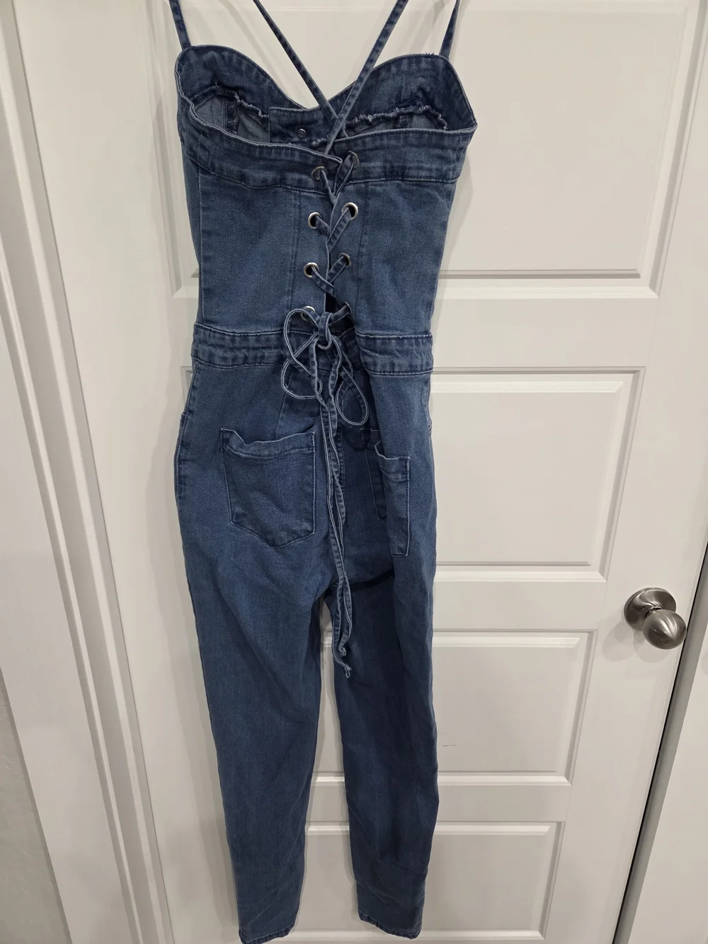 DENIM BLUE Light Blue Denim Lace-Back Women’s Jean Overalls Size Small